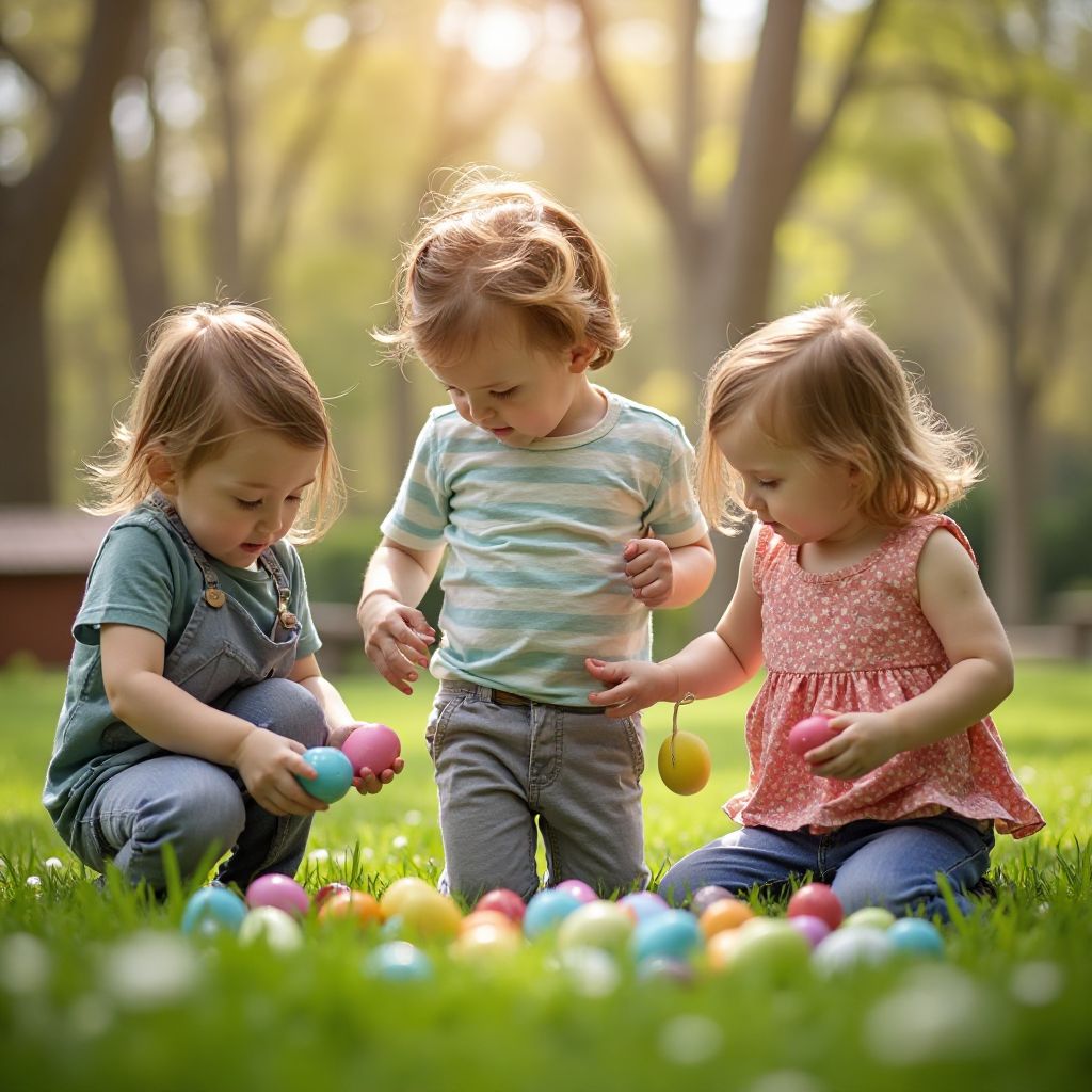 Children participating in Easter egg hunt in garden