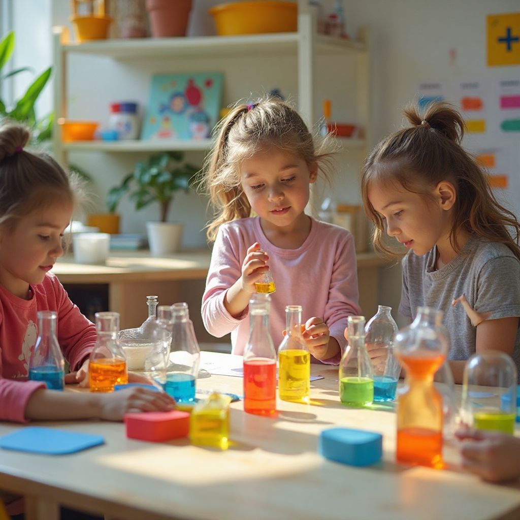 Children participating in science fair with experiments