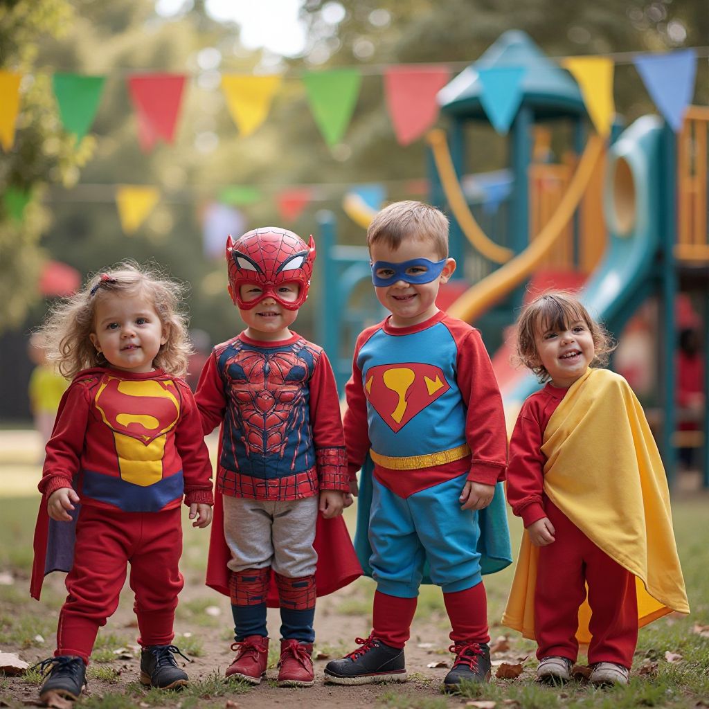 Children in superhero costumes at themed party