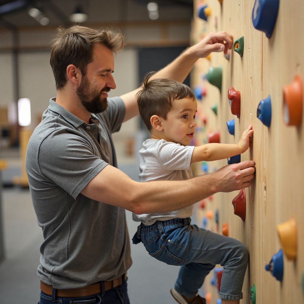 Father helping son on climbing wall
