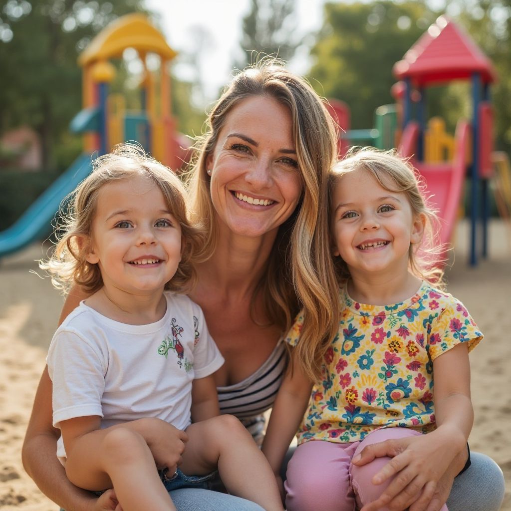 Happy mother with children at playground